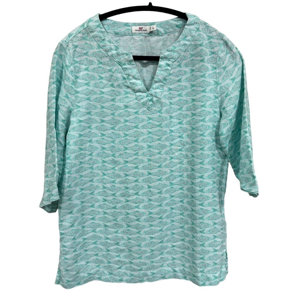 Vineyard Vines‎ 100% Linen Girl's L Top Aqua Blue Fish Pattern 3/4 Sleeve